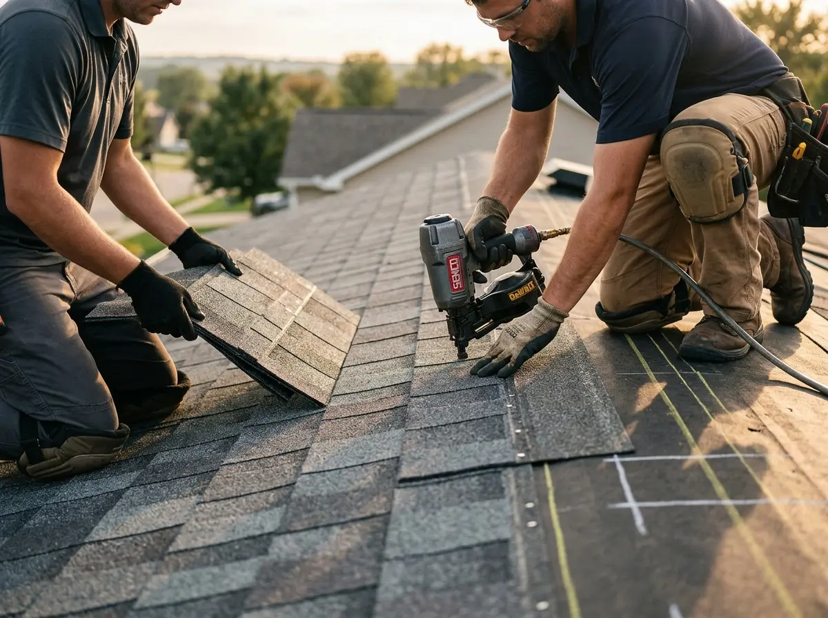 Professional roofer working on a residential roof in Harper Woods